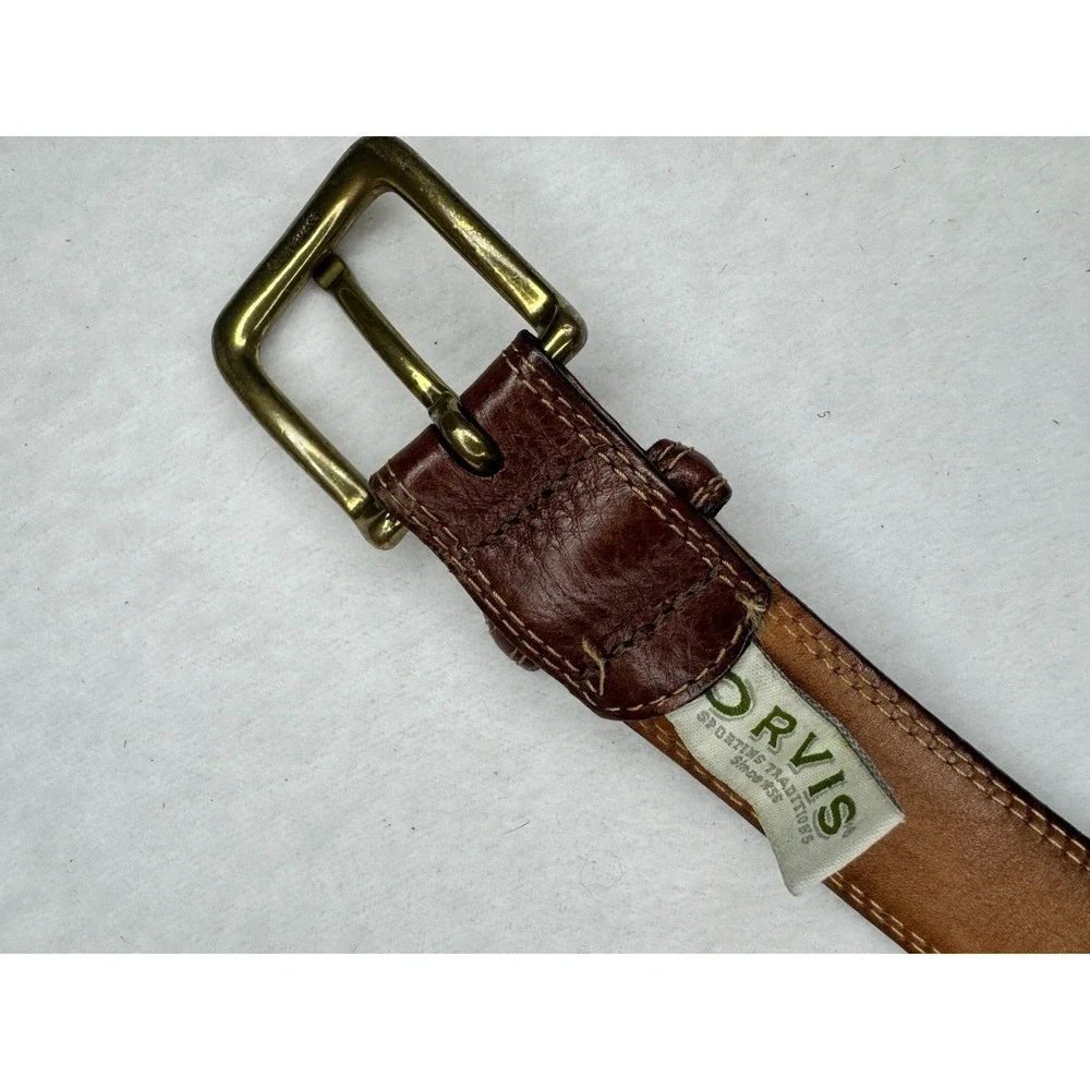 Orvis Men's Brown Leather‎ Belt Size 42 Style # 87HX Gold Brass Buckle